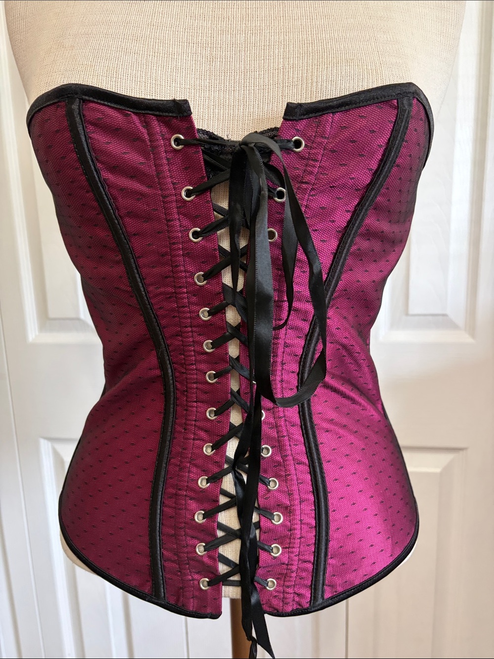 Magenta and Black Gothic Corset Top with Intricate Front Lacing Size Medium